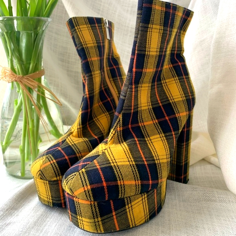 Yellow & Black Plaid Platform Ankle Booties